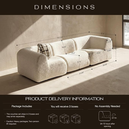 110" 3-Seater Modular Sectional Sofa, Sherpa Cloud Couch with Deep Seat Comfort, Boneless Curved Sofas with High-Density Foam Strong Support, Modern Cozy Sofa for Living Room – No Assembly, White