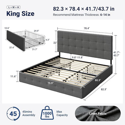 Allewie Upholstered King Size Platform Bed Frame with 4 Storage Drawers and Headboard, Square Stitched Button Tufted, Mattress Foundation with Wooden Slats Support, No Box Spring Needed, Light Grey