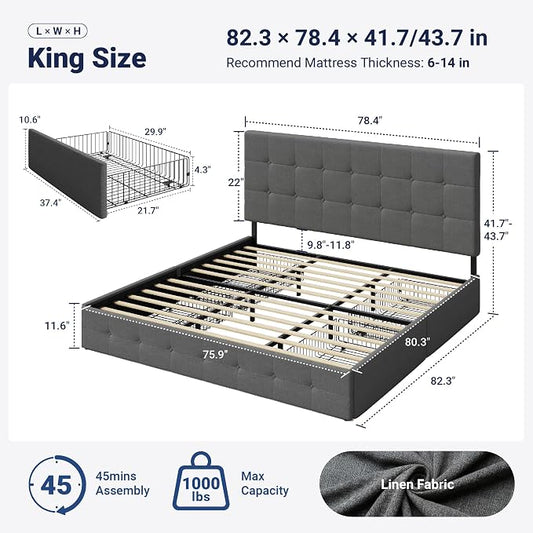 Allewie Upholstered King Size Platform Bed Frame with 4 Storage Drawers and Headboard, Square Stitched Button Tufted, Mattress Foundation with Wooden Slats Support, No Box Spring Needed, Light Grey