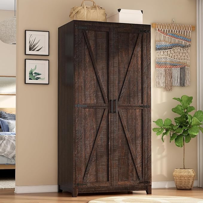 LUXOAK 70" Large Armoire Wardrobe Closet Set of 2 with Hanging Rod, Farmhouse Clothing Storage Cabinet with 4 Barn Doors, Wooden Tall Bedroom Armoires with Shelf, Espresso