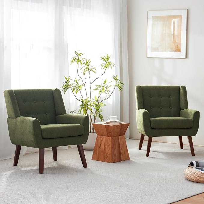 HUIMO Living Room Accent Chair Set of 2, Upholstered Button Tufted Armchair with Wooden Legs, Fabric Sofa Chairs for Bedroom, Living Room, Mid-Century Modern Comfy Reading Chair 2 PCS Green