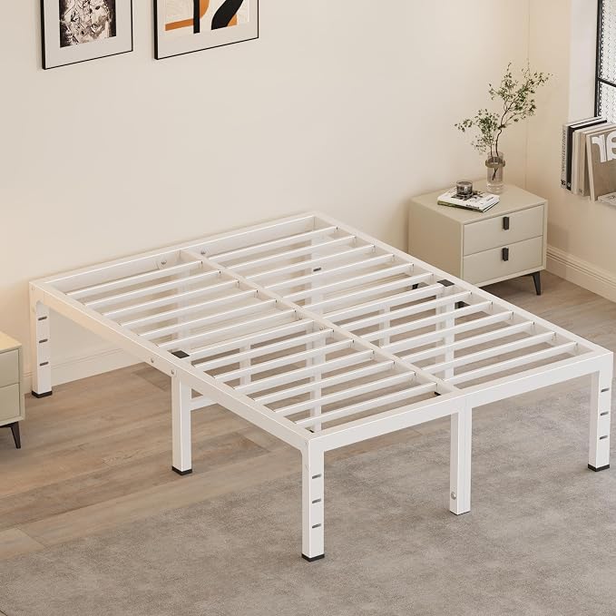 18 Inch Queen Bed Frames,Heavy Duty Metal Queen Size Platform 3500 lbs Capacity, No Box Spring Needed, 6 Mattress Slide Stopper, Headboard Holes, Noise-Free, Easy Assembly, White