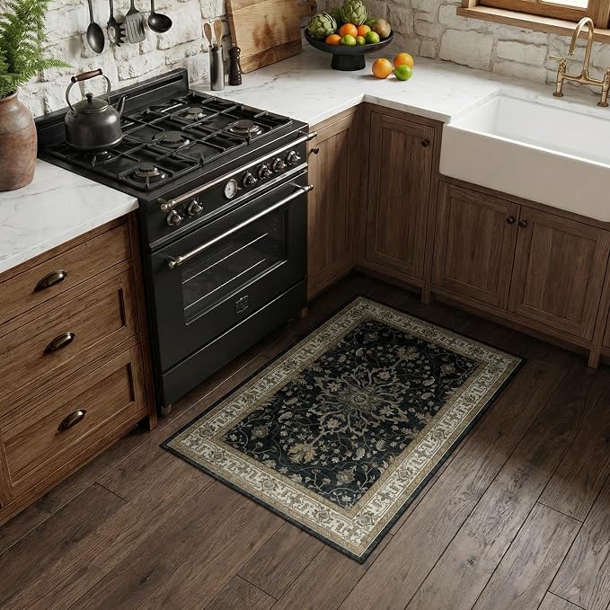 RELEANY Area Rugs Small 2'x4' Washable Non-Slip, Floral Vintage Distress Medallion Carpet for Kitchen Entryway Bathroom, Vintage Black Brown Neutral