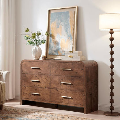 Curved 6 Drawer Dresser for Bedroom, 54'' Wide Chest of Drawers, Farmhouse Storage Cabinet for Hallway & Living Room TV Stand, FSC Certified 1.18" Thick Board, 100 lbs Top Weight, Dark Burl