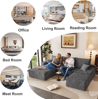 95" Cloud Sectional Couch U-Shaped Chaise with Ottoman, Corduroy Boneless Couch for Living Room Bedroom, Deep-Seat Upholstered Modular Cloud Sofa, No Assembly Required (Grey, Left Facing Chaise)