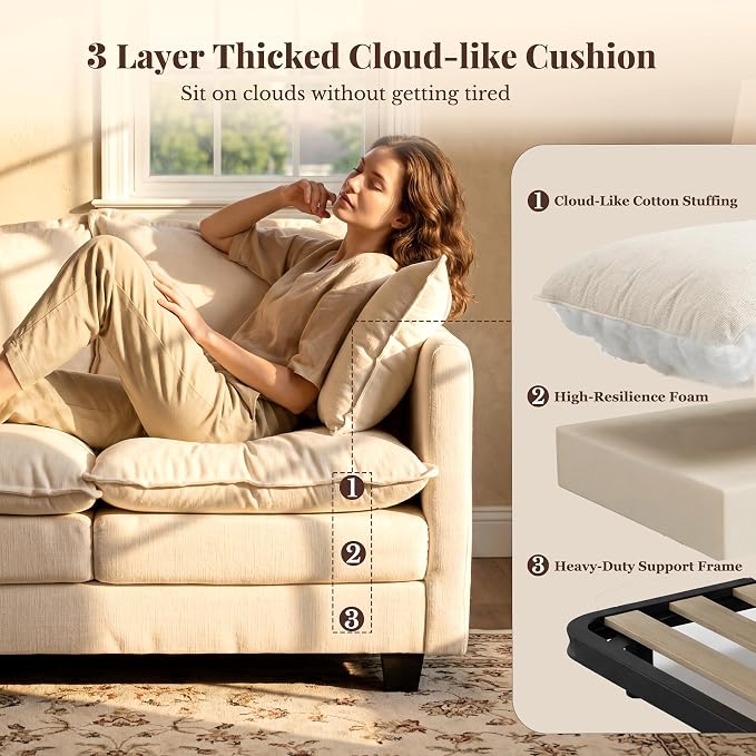 Loveseat Sofa with Ottoman, Cloud 3-Layer Cushion & 27" Deep Seat Modern Small Couch with 2 Washable Pillows for Small Spaces, Bedroom, Apartment, Office, Living Room, in a Box, 50-Inch Beige