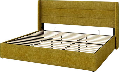 SHA CERLIN King Size Lift Up Storage Bed/Modern Wingback Headboard/Upholstered Platform Bed Frame/Hydraulic Storage/No Box Spring Needed/Wood Slats Support/Olive Yellow