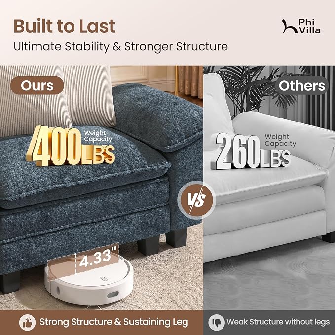 PHI VILLA Cloud Modular Couch Sets with Swivel Accent Chair, 123.6" Sectional Sofa with L-Shaped Chaise, 4-Seater Couches with Ottoman for Living Room, Chenille Dark Cyan Sofa & Corduroy Beige Chair