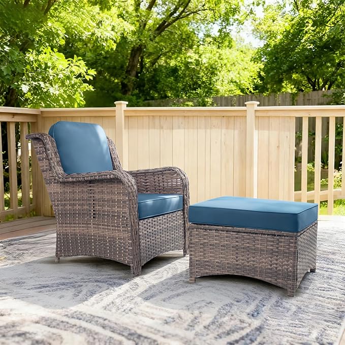 2 Pieces Patio Wicker Furniture Set, High Back Wicker Patio Chair Set with Ottoman, Outdoor Porch Chair with Thick Cushion for Balcony Deck Yard and Porch, Peacock Blue