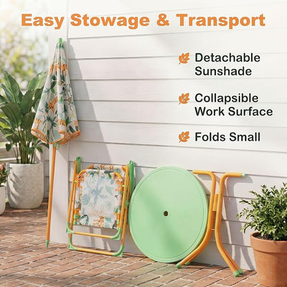 HONEY JOY Kids Picnic Table, Animal Themed Toddler Outdoor Table and Chair Set, 2 Folding Chairs & Removable Umbrella, Children Outdoor Furniture for Backyard Patio Garden (Green Tiger)