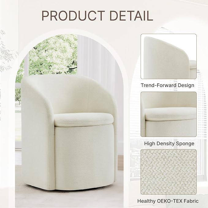 KISLOT Upholstered Dining Chairs with Casters, No Assembly Rolling Modern Dining Room Chairs with Hidden Storage & Barrel Backrest, Accent Chair for Bedroom, Living Room, Dressing, Linen, Set of 2