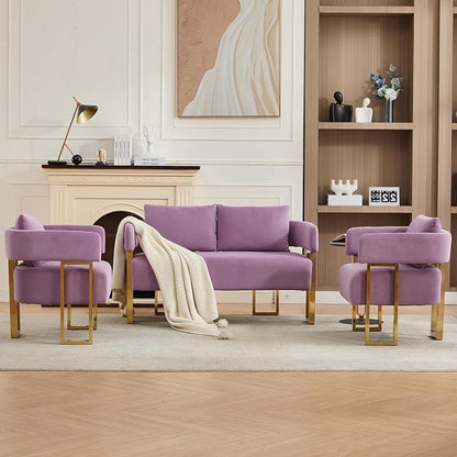 Loveseat Sofa and 2 Accent Chairs Comfy Sofa Modern Accent Chairs for Living Room with Golden Legs Teddy Upholstered Reading Armchairs no Wheels for Reception Room//Bedroom/Lounge/Office,Purple