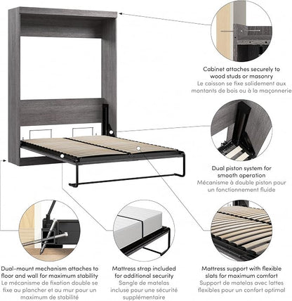 Bestar Pur Full Size Murphy Bed in Bark Grey, 59-inch Space-Saving Sleeping Arrangement for Multipurpose Area, Bedroom, Guest Room, or Living Room