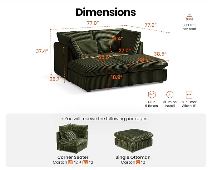 77" Oversized Corduroy Couch Modular Sectional Sofa, Washable Cloud Couch Sectional with 2 Ottoman, 4 Seater Sectional Couches for Living Room, Fully Cover Removable, Chaise Lounge, Corduroy, Green