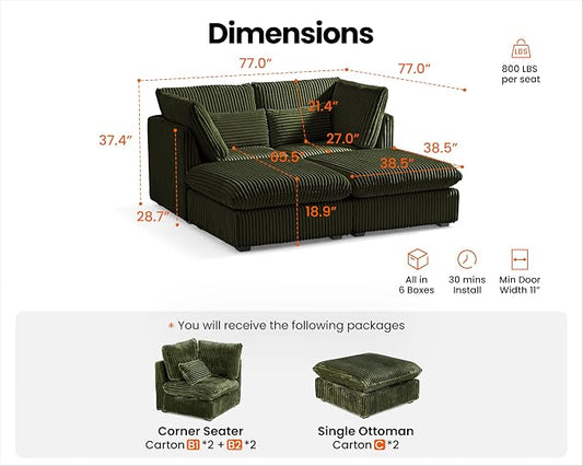 77" Oversized Corduroy Couch Modular Sectional Sofa, Washable Cloud Couch Sectional with 2 Ottoman, 4 Seater Sectional Couches for Living Room, Fully Cover Removable, Chaise Lounge, Corduroy, Green