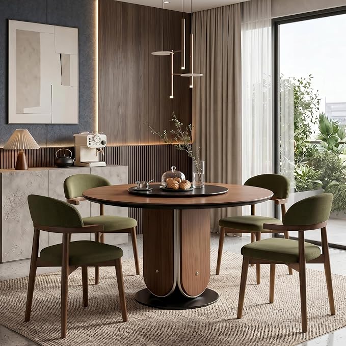MOJAY Dining Chairs Set of 4 Walnut, Linen Green with Curved Armrests