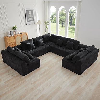 140''Modular Sectional Couches for Living Room, Cloud Boneless Compressed Sectional Sofa, Oversized U Shaped 9 Seater Upholstered Memory Foam Sofa, No Assembly, Chenille Black