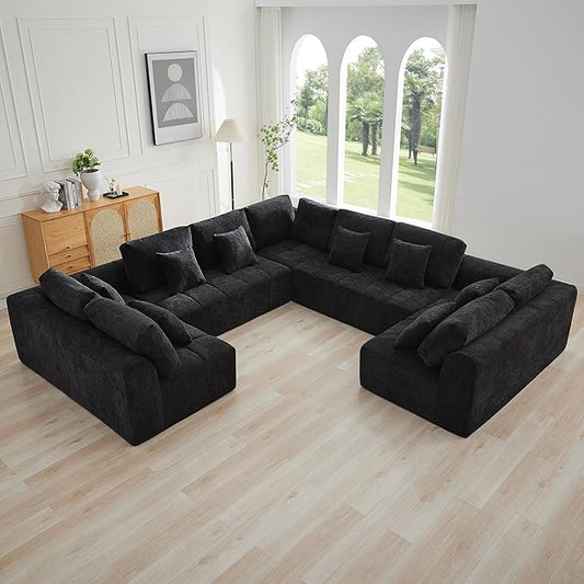 140''Modular Sectional Couches for Living Room, Cloud Boneless Compressed Sectional Sofa, Oversized U Shaped 9 Seater Upholstered Memory Foam Sofa, No Assembly, Chenille Black