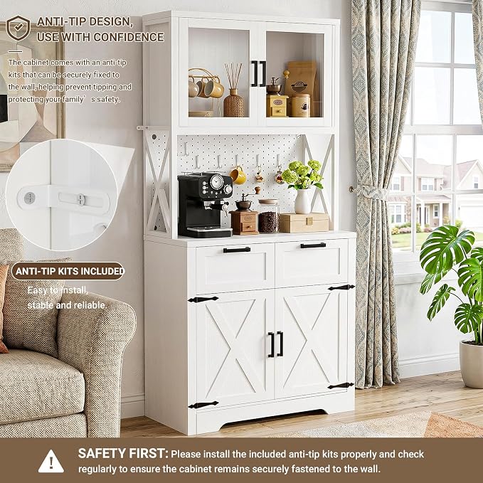 Unikito 71" Pantry Cabinet with LED Light & Outlet, Tall Kitchen Pantry Storage Cabinet with Microwave Stand, DIY Pegboard, Drawers and Adjustable Shelf, Farmhouse Kitchen Hutch for Dining Room, White