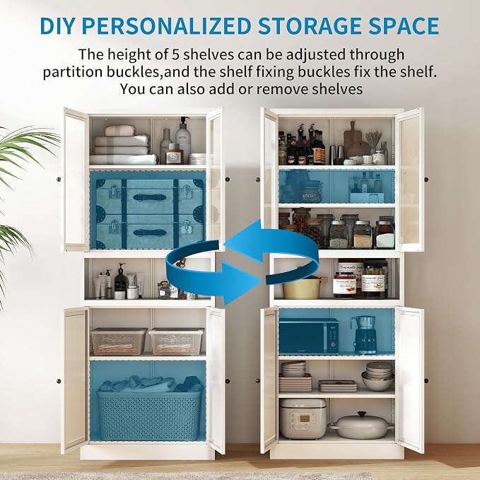72" H White Steel Kitchen Pantry Storage Cabinets with Glass Doors | Pantry with Glass & Solid Doors, Heavy Duty Freestanding Utility Cabinet for Dining/Living Room, Assembly Required