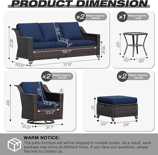 Joyside Wicker Patio Furniture Sets, 7 Pieces Upgraded Large Size Outdoor Furniture with Swivel Rocking Patio Chairs, Two 3-Seat Sofa, Outdoor Ottoman, Thick Cushions, Wide Armrest, Blue