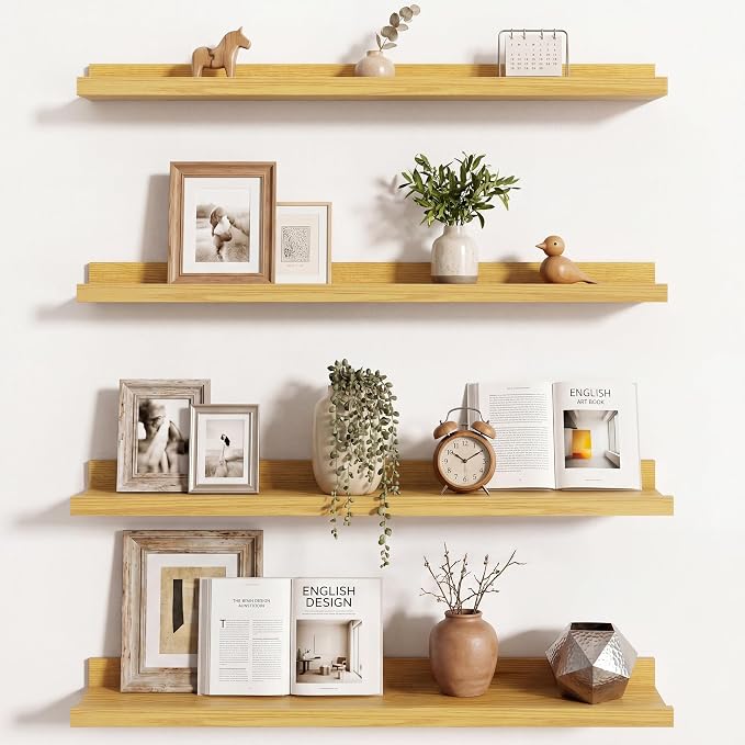 Axeman 30 Inch Floating Shelves | Oak Picture Ledge Shelf Set of 4 | Rustic Wood Wall Shelves with Lip | 30" Oak Picture Shelf for Wall with Ledge | Photo Shelves