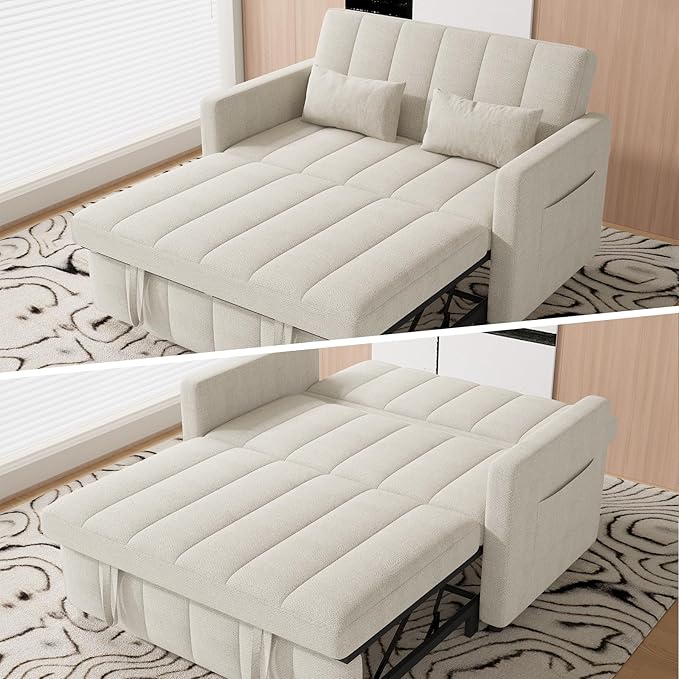 Nebuaegis Sleeper Sofa Bed,3-in-1 Convertible Pull Out Couch with Adjustable Backrest for Living Room,Loveseat Sofa Bed with Side Pockets,Easy Assembly,Beige,1 PCS