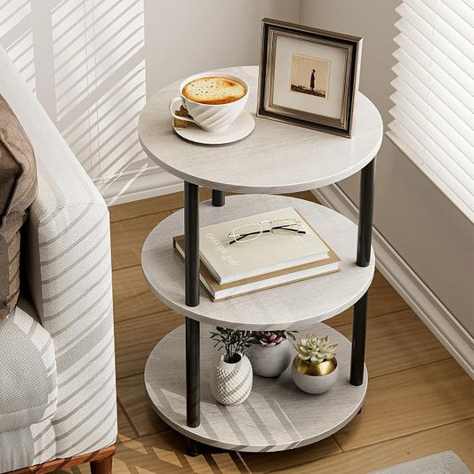 XBurmo Round Coffee Table for Living Room - Narrow Side or Bedside Stand, Industrial Vintage Nightstand for Bedroom, or Small Spaces, Greige