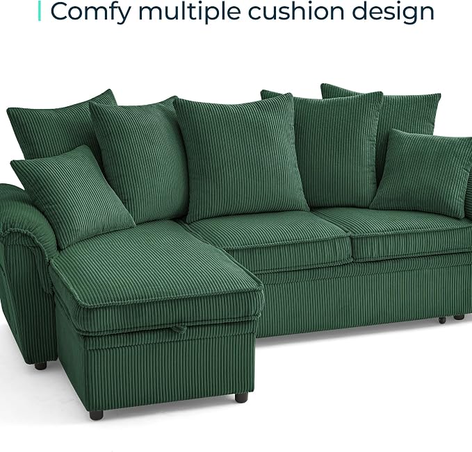 LINSY HOME Sectional Loveseat Sofa with Pull Out Chaise (Green, 62.5'') | USB Charging