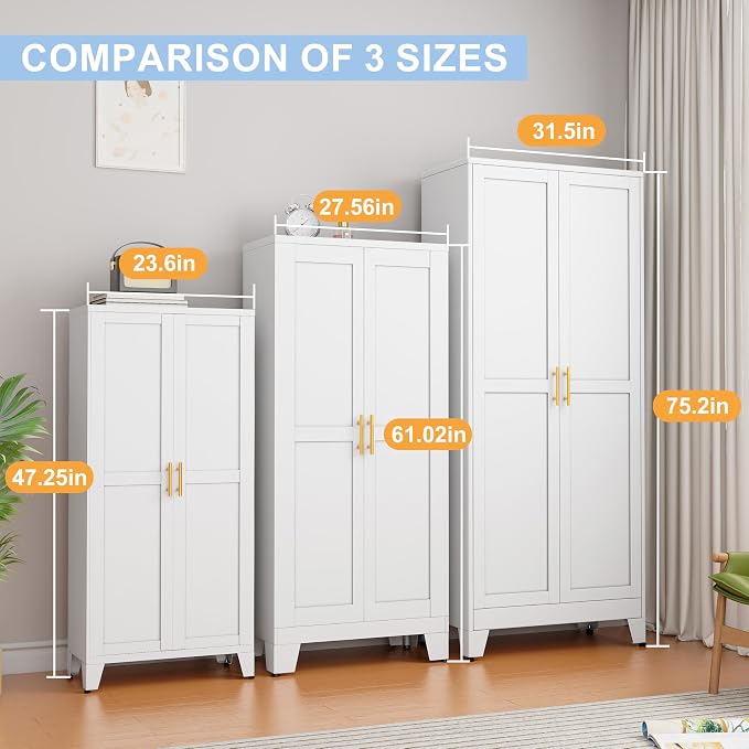 White Metal Storage Cabinet, 48" Steel Cabinets for Home Office | Kitchen Pantry Storage Cabinet with Doors and 3 Adjustable Shelves, for Office, Home, Garage, School
