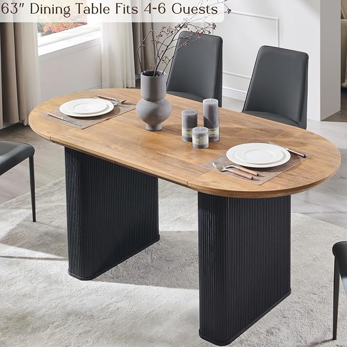 T4TREAM 63" Fluted Oval Dining Table for 4-6, Mid-Century Modern Kitchen Table with Thickened Edge & Strip Base, Wood Luxury Table for Dining Room/Kitchen/Home Office, Gold Brown&Black(Table Only)