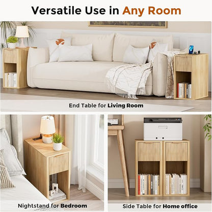 Homleke Narrow End Table with Fluted Drawer and Charging Station, Small Nightstand with USB Ports & Outlets, Bedside Table for Bedroom or Living Room, Modern Accent Table, Natural