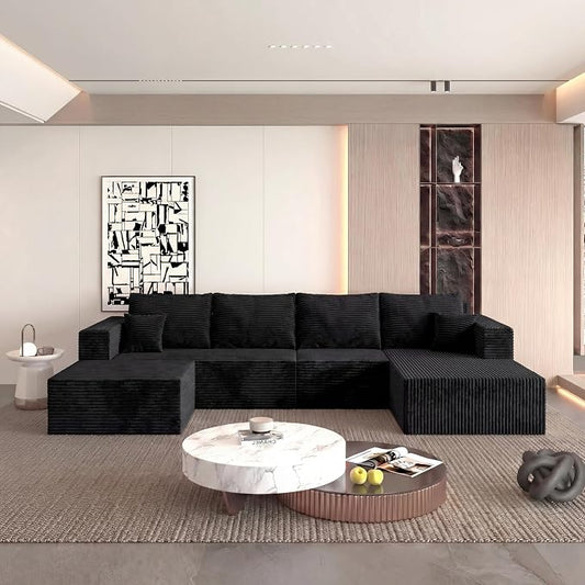 138" Modular Sectional Sofa,U-Shaped Cloud Couch with Deep Seats & Chaise, Upholstered Corduroy Boneless Couch for Living Room, No Need Assembly - Black (Right Facing Chaise)