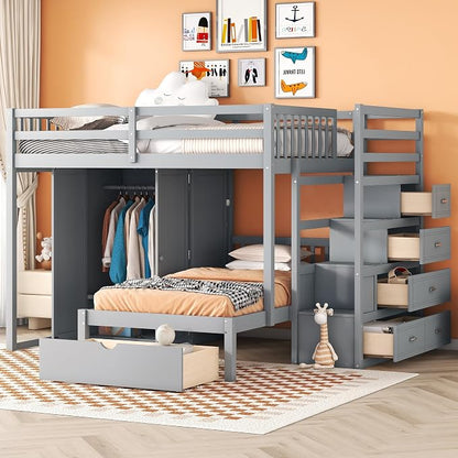 Merax Full Over Twin Bunk Bed with Wardrobe and Drawers, Gray