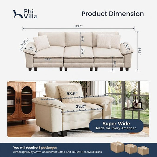 PHI VILLA Modern Modular Couches Sets, 123.6" Cloud Sectional Sofa with Upholstered Deep Seat, 3-Seater Couch for Living Room Small Spaces, Chenille Fabric, Beige