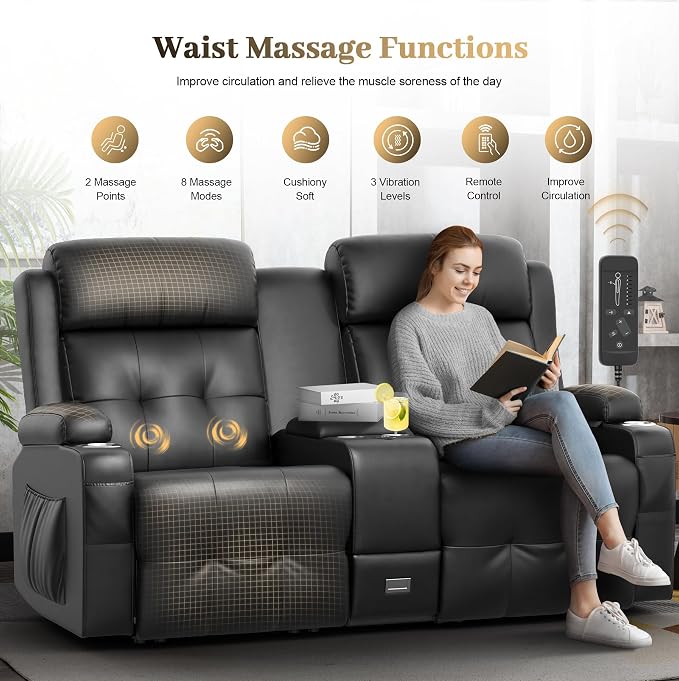 Reclining Loveseat, 2 Massage Loveseat Recliner Sofa Heavy Weight Capacity, RV Love Seat Clearance with Console, USB, Type C Port, Storage, Cup Holders, 1 Single Power Recliner Chairs Heat & Massage