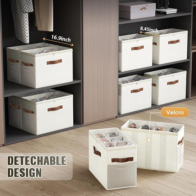 Budding Joy 2 Pack Shoe Organizer for Closet, Clear Foldable Shoe Storage Containers Adjustable Dividers Fits 16 Pairs,Shoe Storage Bins Baskets Boxes with Reinforced Handles Beige | Farbic shoe storage organizer box bin with clear cover, fits up to 16...