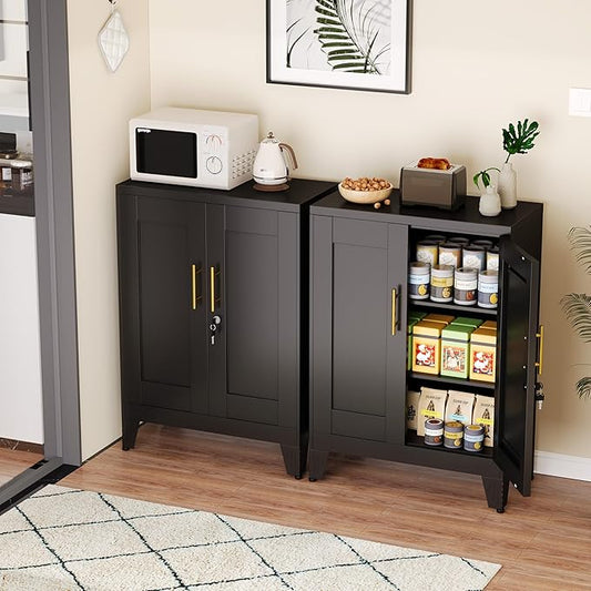 GAIOUS Black Metal Pantry Cabinet with Lock(Two Units), Sideboard Buffet | Storage Cabient with Doors and 2 Adjustable Shelves, Multifunctional Kitchen Cupboard for Home Office, Buffet Table