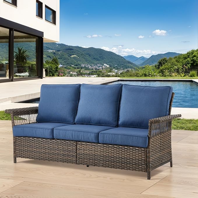 Patio Sofa 3-Seat Wicker Couch Brown PE Rattan Sofa with Deep Seating High Back Outdoor Sofa for Patio Garden Balcony Sunroom Backyard Deck Porch Poolside, Sofa(1PC), Brown|Blue