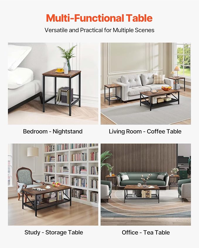 VEVOR 3 Pieces Living Room Table Sets, 41.3 in Industrial Coffee Table with 2 Square End Side Tables, Easy Assembly Coffee and End Tables Sets with Metal Legs, for Office, Living Room & Apartment