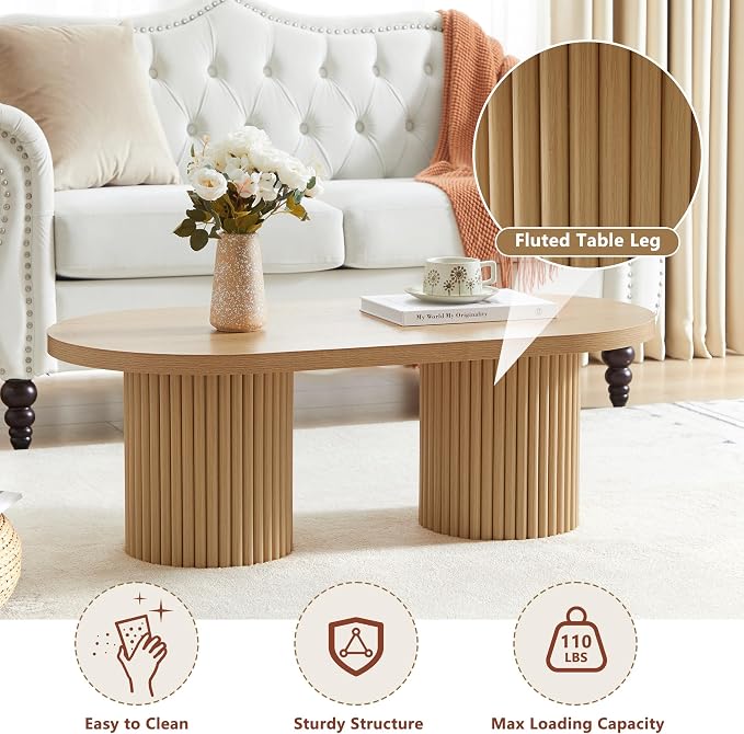 Oval Fluted Coffee Table, Farmhouse Wood Coffee Table Mid Century Modern Center Table Boho Living Room Tables for Living Room Office (Natural, 19.69" D x 39.38" W x 13.78" H)