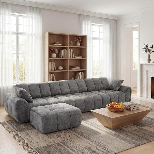Claiks 118" Modern Boneless Couch, Corduroy Modular Cloud Sofa for Living Room, Deep Seat Sectional with Movable Ottoman, No Assembly Required, Dark Grey