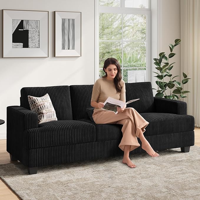 COPIAE 89 Inch Sofa with Extra Deep Seats Oversize, 3 Seater Sofa for Living Room, Modern Couch and Sofa, Comfy Armrests and Seats and Backrests, Easy Installation,Wide Corduroy Fabric Black