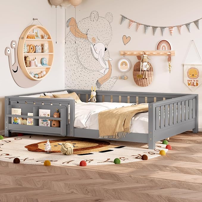 Bellemave Queen Size Floor Bed with Slats and Safety Guardrail, Queen Size Montessori Floor Bed with Fence and Built-in Bookshelf, Easy Assemble Montessori Beds for Girls, Boys, Gray