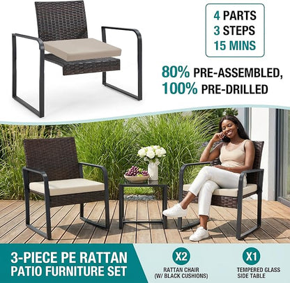 Bezseller 3 Piece Outdoor Patio Furniture Set, Patio Bistro Set Wicker Conversation Set, Modern Rattan Chair with Glass Coffee Table for Backyard, Porches, Poolside, Lawn and Balcony