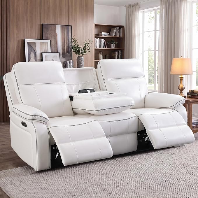 Power Reclining Sofa with Fold Down Table, Breathable PU Leather Electric Reclining Couch, 3 Seater Recliner Sofa with Power Outlets/USB-C/A Ports for Living Room(White, 3 Seat)