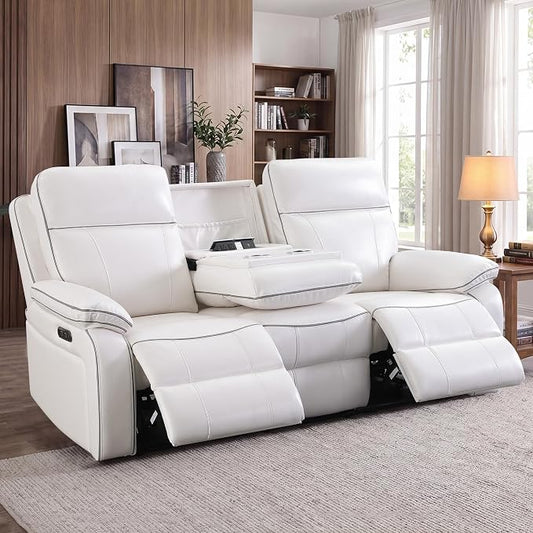 Power Reclining Sofa with Fold Down Table, Breathable PU Leather Electric Reclining Couch, 3 Seater Recliner Sofa with Power Outlets/USB-C/A Ports for Living Room(White, 3 Seat)