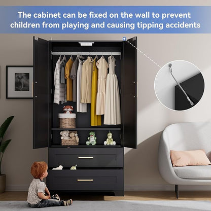 Wooden Armoire Wardrobe Closet, Bedroom Armoires with Door and Drawers, Freestanding Wardrobe Clothing Storage Cabinet with Shelves and Hanging Rod for Bedroom, Laundry Room, Cloak Room（Black）