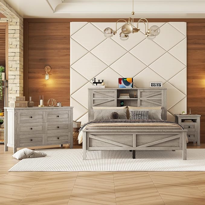3 Pieces Bedroom Furniture Set Queen Size Bed Frame with Storage Headboard and Charging Station, Farmhouse Platform Bed Frames with Nightstand and Dresser, for Bedroom, Living Room (Gray, Queen)