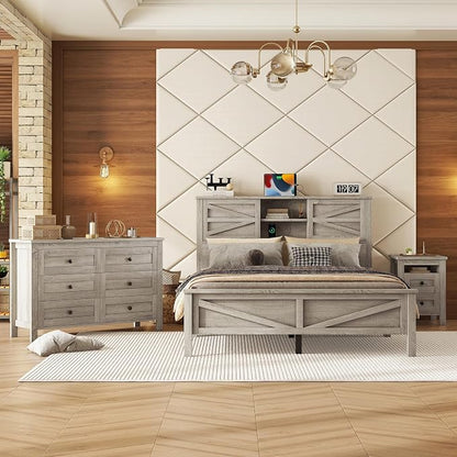 3 Pieces Bedroom Furniture Set Queen Size Bed Frame with Storage Headboard and Charging Station, Farmhouse Platform Bed Frames with Nightstand and Dresser, for Bedroom, Living Room (Gray, Queen)